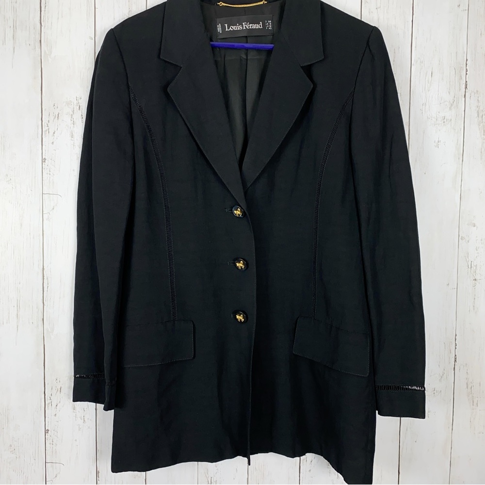 Louis Feraud Womens Blazer Jacket Size 8 Black Flax Linen 3 Button Bows